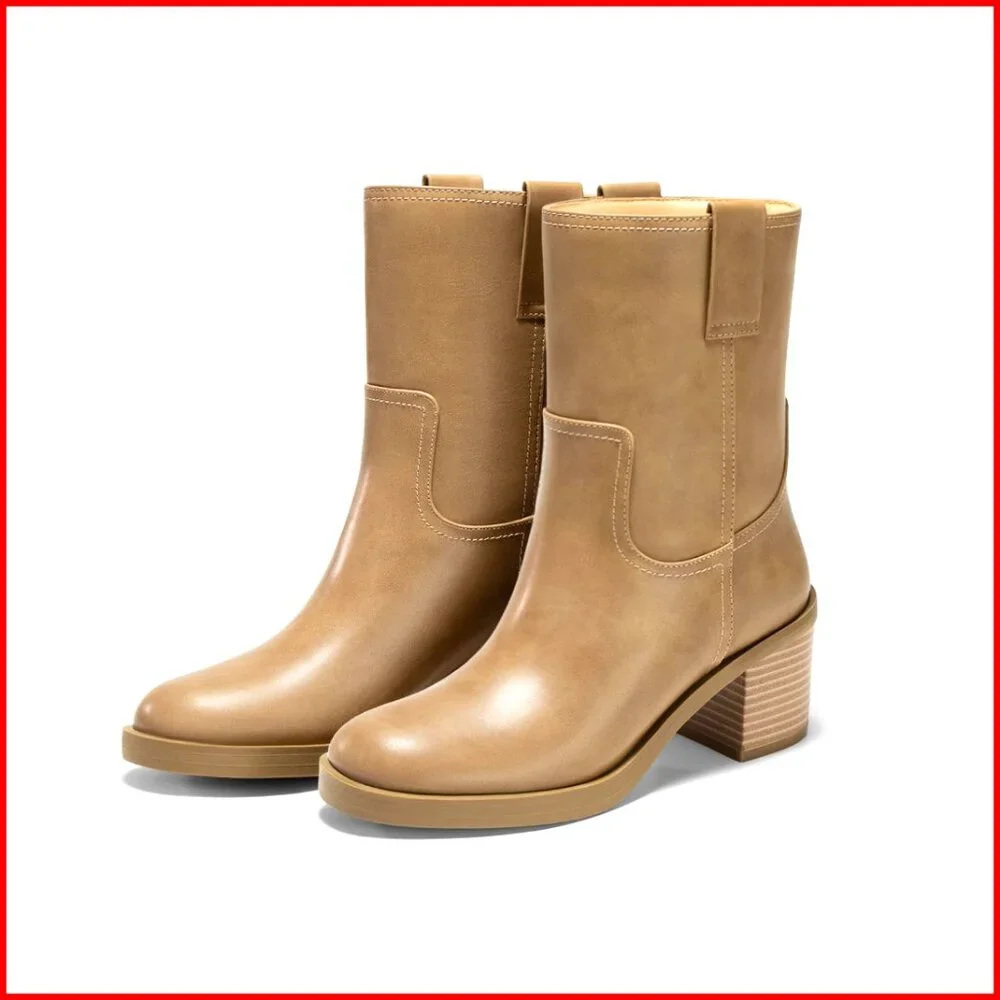 Platform Mid Calf Boots Chunky Block Heel Round Toe Slip On